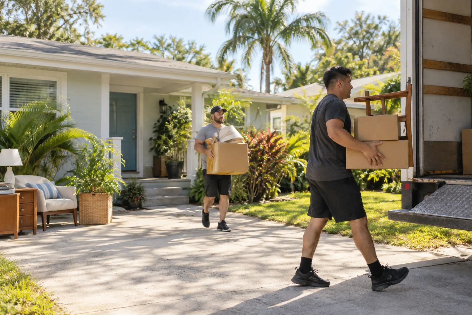 Workers carrying household boxes and a chair to an unbranded truck in a Tampa driveway